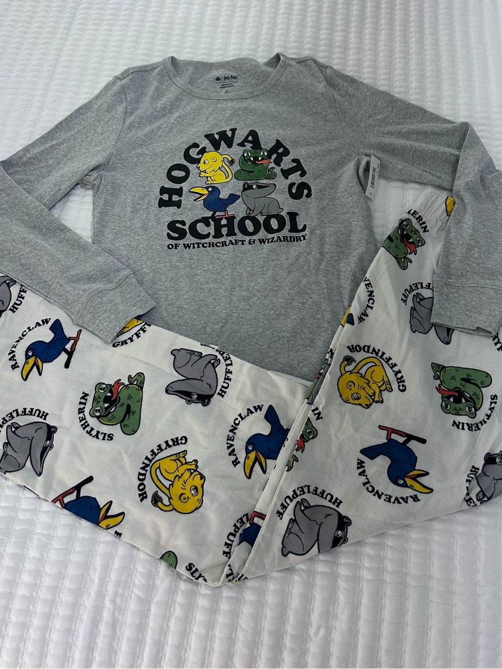 Grey Hogwarts School Pajama Set with Multi-Color House Mascots. Size M. NWT